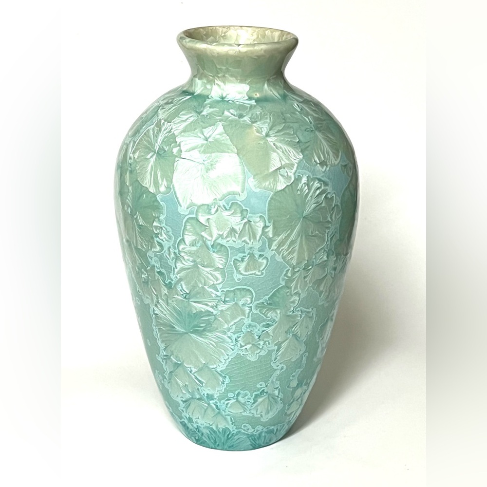 Jon Price Studio Art Pottery Teal Ceramic Crystalline Glaze Flower Bud Vase 8 in